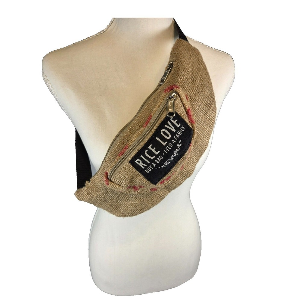 Rice Love Fanny Pack Tan Burlap Recycled Sustainable Boho Waist Bag Bum Belt